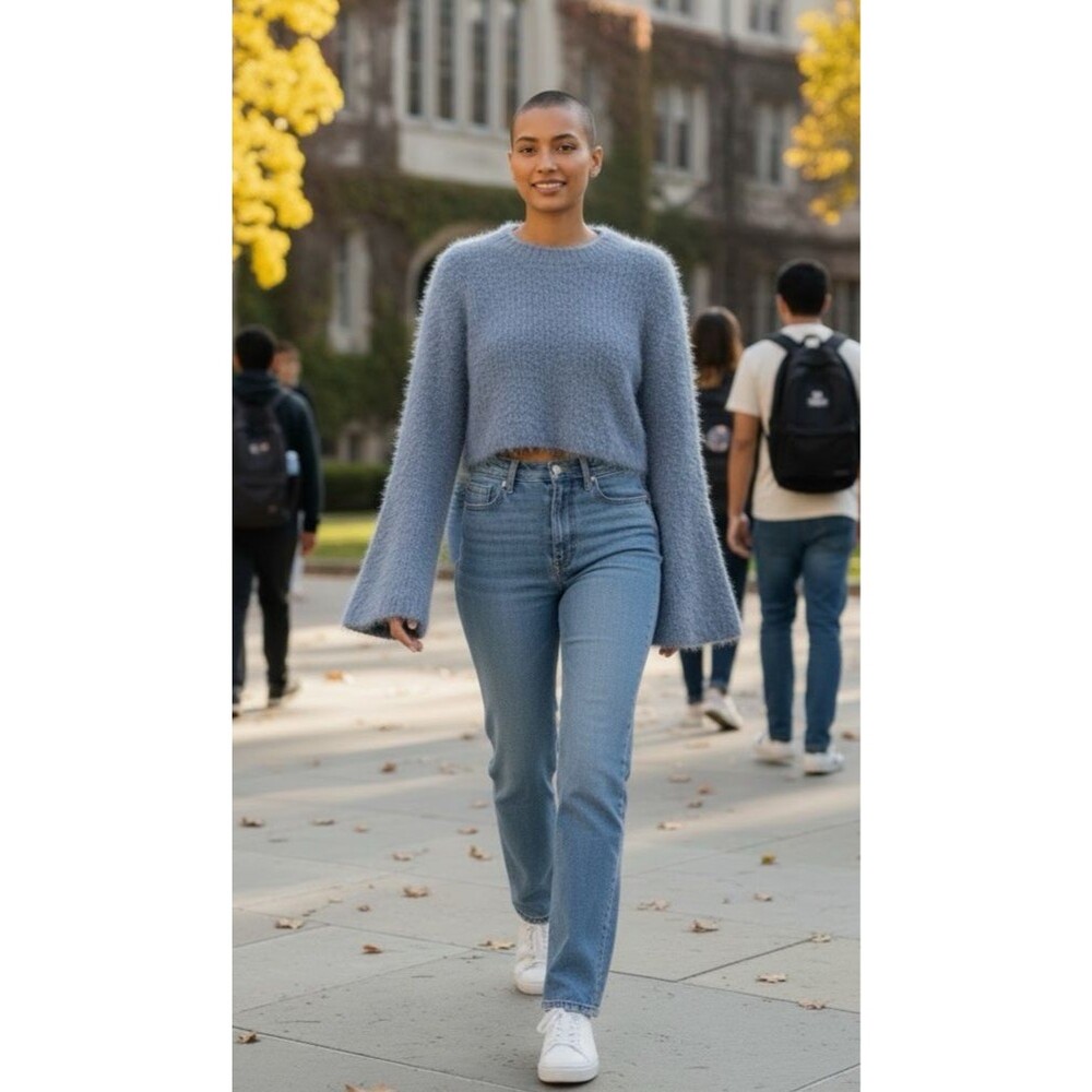 Zara NEW womens cropped flare sleeve fuzzy blue glitter cozy sweater Small